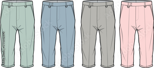 Women's cropped trousers and capri pants collection. Vector flat sketch apparel template for fashion design and technical pack