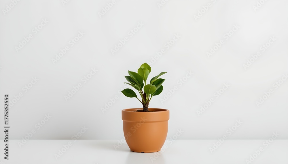 Fototapeta premium A small potted plant with green leaves placed on a table. The plant has a visible stem and is set against a plain background. The table appears to be a simple, flat surface with minimal detail