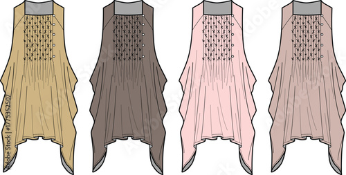 Fashion design flat sketch of four women's tops in different colors and styles, showcasing garment details