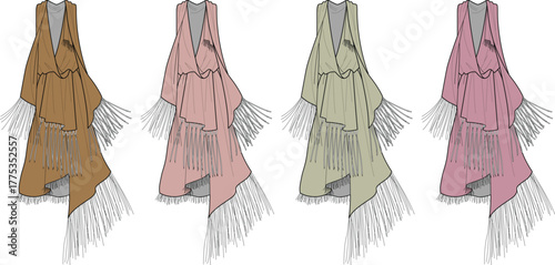 Versatile women's poncho illustration with stylish fringe, displayed in four distinct colors including brown, pink, and green, for adaptable fashion layering