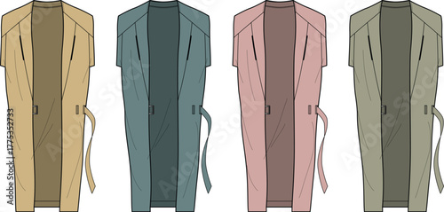Four stylish trench coats in different neutral colors arranged side-by-side, showcasing fashion design