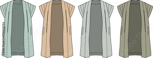 Vector template collection of an open-front sleeveless duster vest with patch pockets for apparel design mockups