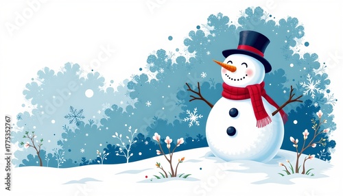 A cartoon illustration captures a cheerful winter scene with a snowman standing amidst a flurry of snow.