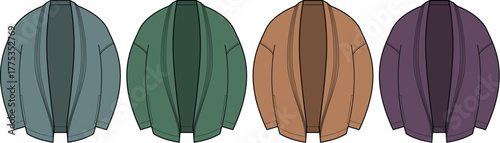 Collection of four open-front cardigan-style jackets in different solid colors, showcasing fashion apparel