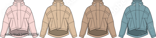 Set of technical fashion flat sketches showcasing modern insulated puffer jackets in a diverse range of seasonal colors, ideal for clothing design and production specification