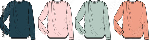 Set of women's long sleeve sweatshirt technical fashion flat sketches in multiple colors. Apparel design vector illustration template