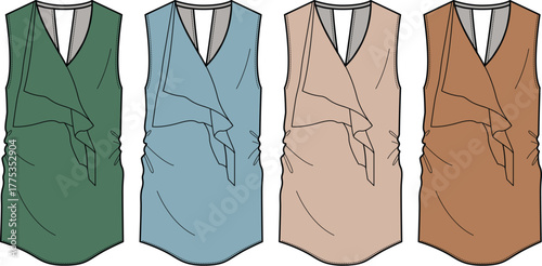 Fashion technical flat sketch of a women's sleeveless V-neck top with front draping and side ruching. Apparel design vector template set