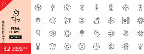 Petal flower icons set. Includes symbols of blossoms, petals, nature elements, floral patterns, and decorative flowers. Editable stroke. Vector illustration. Outline icons. Perfect for nature. 