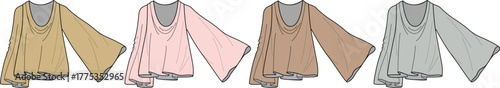 Fashion design flat sketch of women's tops with bell sleeves in four different colors