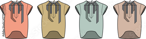 Collection of four colorful tunic tops displayed in a row, featuring unique neckline details and a flowing silhouette