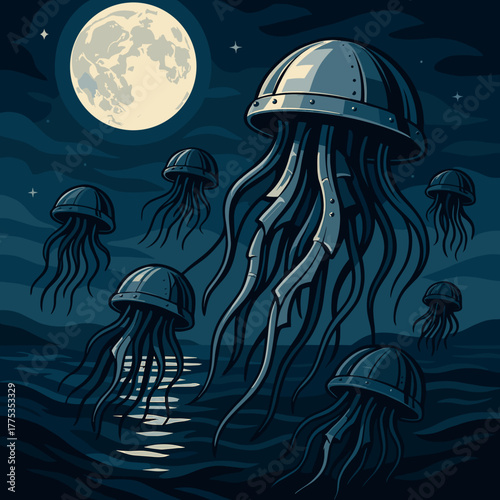 Metallic jellyfish with tentacles swimming under a full moon in a dark ocean