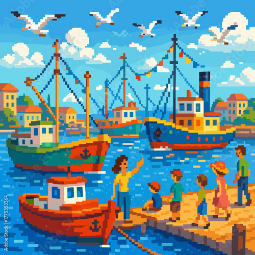 Pixel art scene of a bustling harbor with boats, children, and seagulls under a blue sky