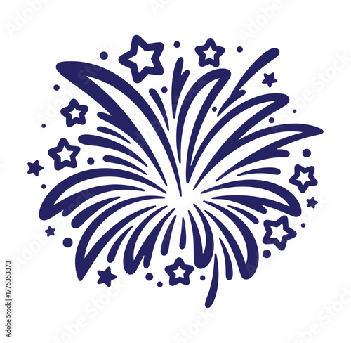 Festive blue fireworks with stars bursting outward on a clean white background for celebration