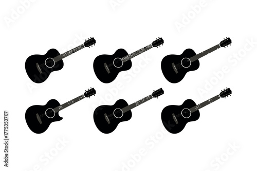 Six black acoustic guitars arranged on a white background in a pattern view