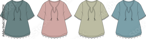 Four colorful short-sleeved shirts with V-neck and tassel details, presented as a flat lay