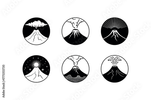 Illustration of six volcano icons in black and white circular designs