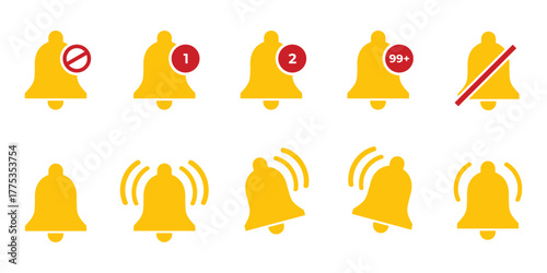 Yellow Notification bell icon set. Alarm symbol. Ringing bells reminder icon , incoming inbox message sign