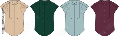 Set of women's sleeveless blouse fashion flat sketches with pintuck details, a vector template for apparel design and technical packs shown in four colorways