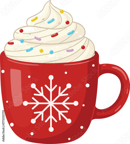 Red mug, whipped cream, holiday drink, winter beverage, festive sprinkles, snowflake design, cozy treat, Christmas cocoa, seasonal dessert, warm vibes