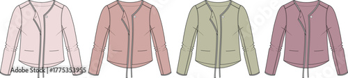 Four different colored light jackets for women, arranged in a row against a white background, showcasing versatile fashion options