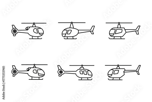 Six simple black and white line drawings of helicopters in flight formation