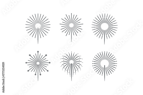 A collection of six stylized gray firework illustrations on a white background