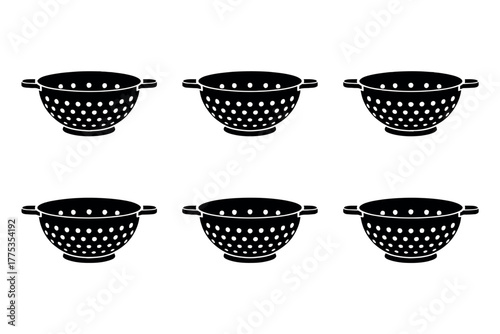 Illustration of six black colanders arranged in a grid on a white background