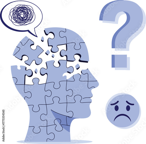 mental confusion human head puzzle vector illustration, psychology problem depression