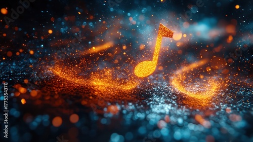Abstract music note, fiery orange & cool blue particles