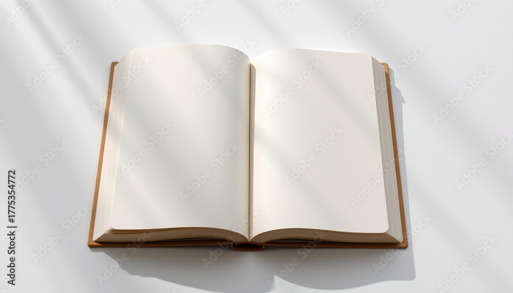 Fototapeta premium An open book with blank pages is displayed against a light background.