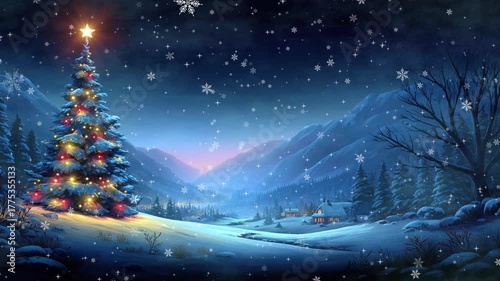 Christmas tree decorated with colorful lights in a snowy mountain valley village with gentle falling snowflakes for a seamless loop