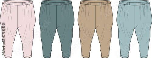 Collection of comfortable and versatile relaxed-fit trousers in a variety of soft pastel colors, perfect for loungewear, casual everyday wear, or simple garment design illustrations
