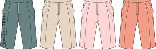 A colorful set of women's cropped trousers in a technical fashion flat sketch. Vector apparel design template with multiple color options
