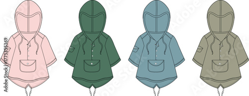 Four hooded jackets in different colors on white background, fashion concept, casual wear, apparel illustration
