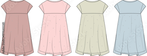 Versatile fashion flat sketch collection showcasing four distinct, comfortable dress designs in soft pastel colors, ideal for apparel development and creative style concepts