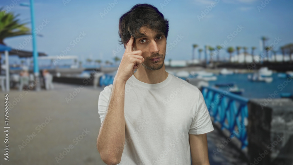 Fototapeta premium Young man in white tshirt raises finger to head and shows bare forearm on sunlit street overlooking boats; thoughtful insight.