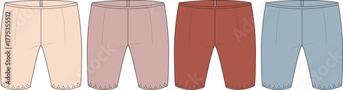 Four pairs of casual children's pants in different pastel colors, presented as a flat lay from a top view