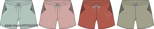Four pairs of athletic shorts in various muted colors, showcasing athletic apparel and activewear styles
