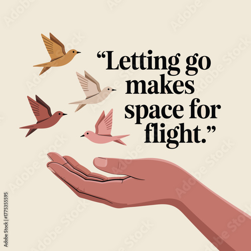 Hand releasing birds with quote about letting go and flight freedom