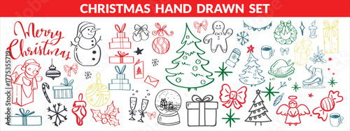 Christmas drawn holly line decor, pine branch, snowflake background. Hand drawn doodle sketch holly floral, christmas tree leaves, winter pine. Holiday ornament sketch doodle. Christmas hand drawn set