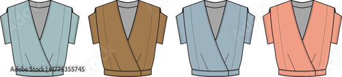 Collection of four stylish tops in different colors, showcasing fashion design and apparel