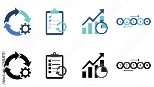 Business Process and Productivity Icon Set – Workflow, Growth, Checklist, and Time Management Concepts