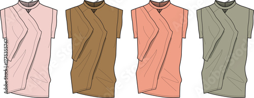 A collection of four draped garments in pastel and earthy tones, showcasing varied collar designs