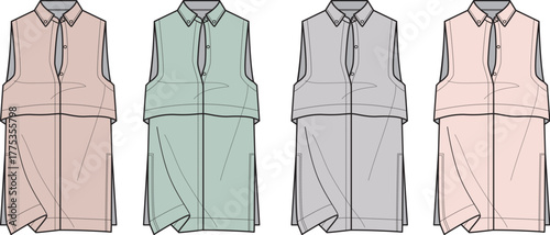Set of fashion technical flat sketches showing a sleeveless layered shirt dress with a collar and button placket. Vector apparel design template concept