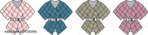 Various colors of a V-neck tunic with a diamond pattern and a belt, presented in a row