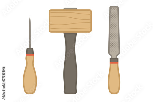 Traditional crafting tools set including a wooden mallet, pointed awl, and metal rasp file