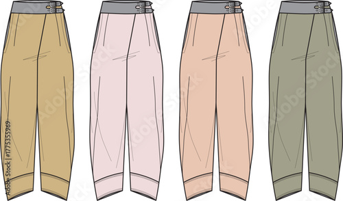 Four variations of elegant women's tulip pants in stylish colors