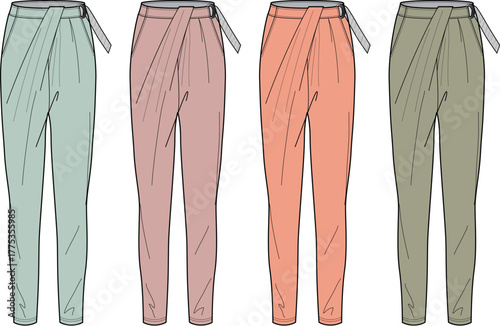 Collection of women's modern draped high-waisted trousers fashion flats, featuring versatile design in various soft color palettes, ideal for garment production or fashion illustration templates