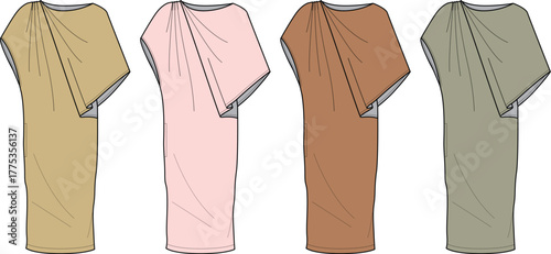 A collection of ancient-inspired draped garments in various colors, showcasing classic flowing styles and elegant silhouettes for historical fashion illustration