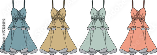 Collection of four women's dresses in different pastel colors, showcasing a ruffled hem and delicate straps